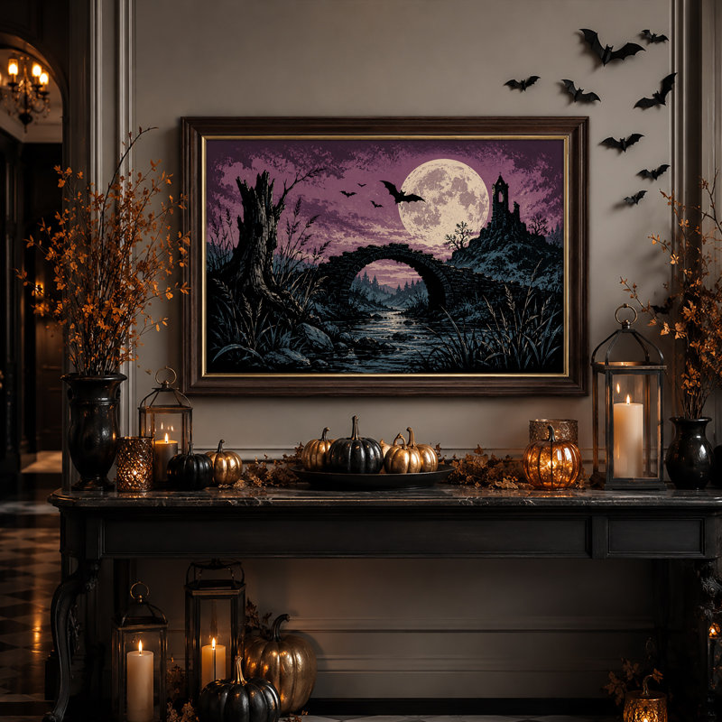 Pont de pierre et tour en ruine sous une lune violette - Toile murale d'Halloween, H 12 po x l 18 po