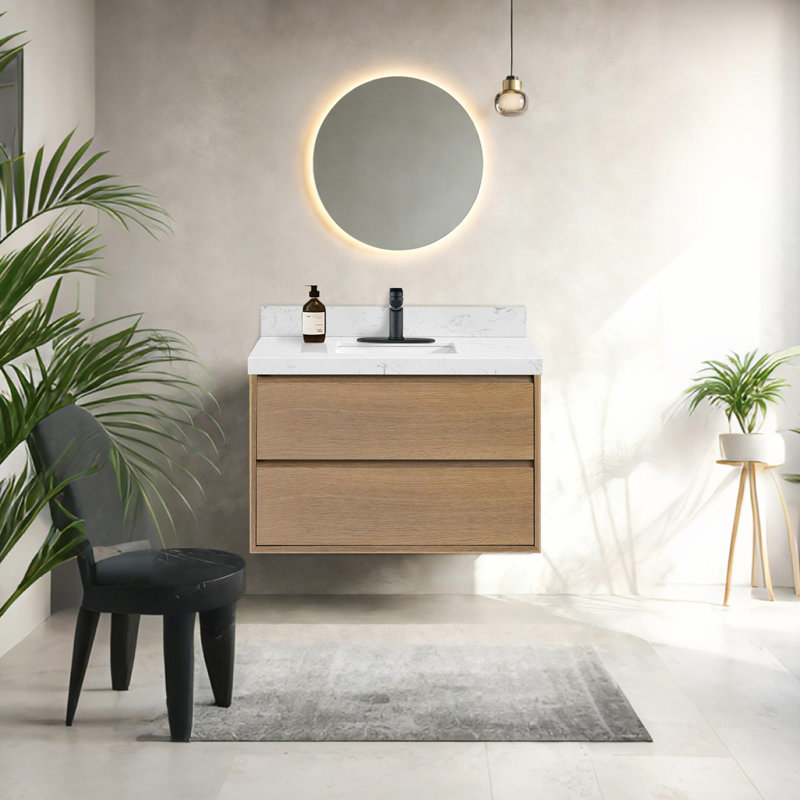 Meuble-lavabo flottant peu encombrant, Chêne clair, 36"