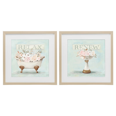 Antique Florals Relax Renew, ensemble de 2 reproductions encadrées sous verre, design par Mollie B.
