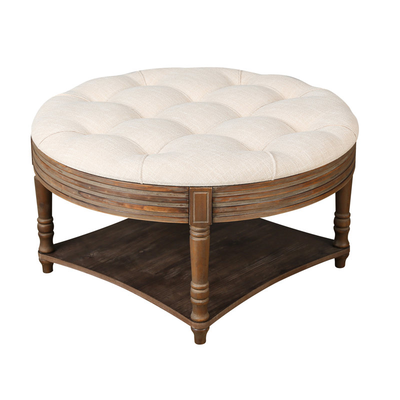 Table basse de salon surdimensionnée en lin blanc beige capitonné à 2 niveaux