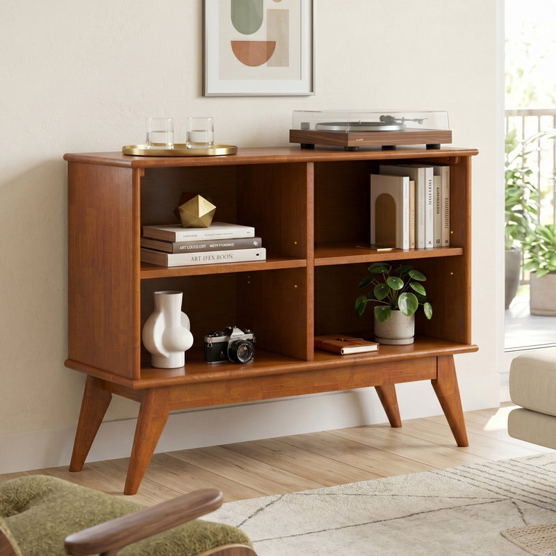 Draper 30"H Solid Wood Mid-Century Modern 4-Shelf Low Bookcase With Adjustable Shelves And Tapered Legs