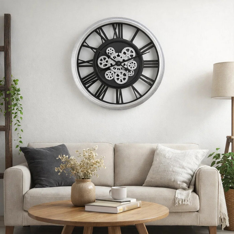 Horloge murale ronde 20 po Mery, Noir / Gris / Argent