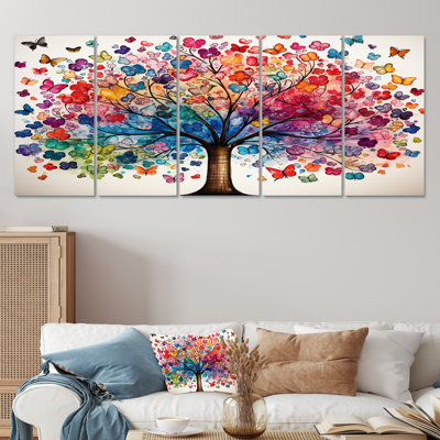 Arbre coloré abstrait II - arbre africain, art mural sur toile 5 pièces