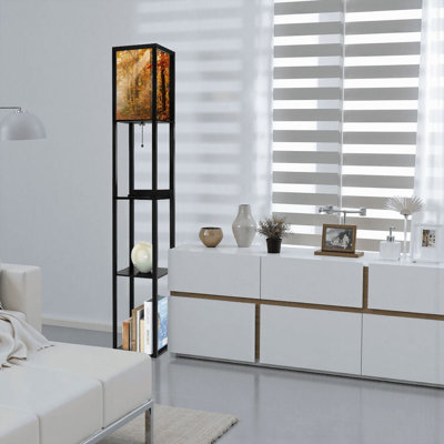 Lampe sur pied moderne avec tablettes et ports USB et abat-jour en tissu
