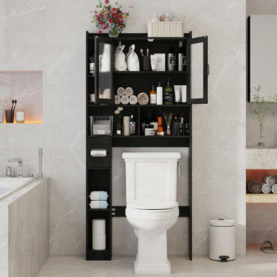 Over The Toilet Storage Cabinet, Farmhouse Storage Cabinet Over Toilet With Acrylic Doors，Home Space-Saving Toilet Rack, For Bathroom, Restroom, Laundry, Black