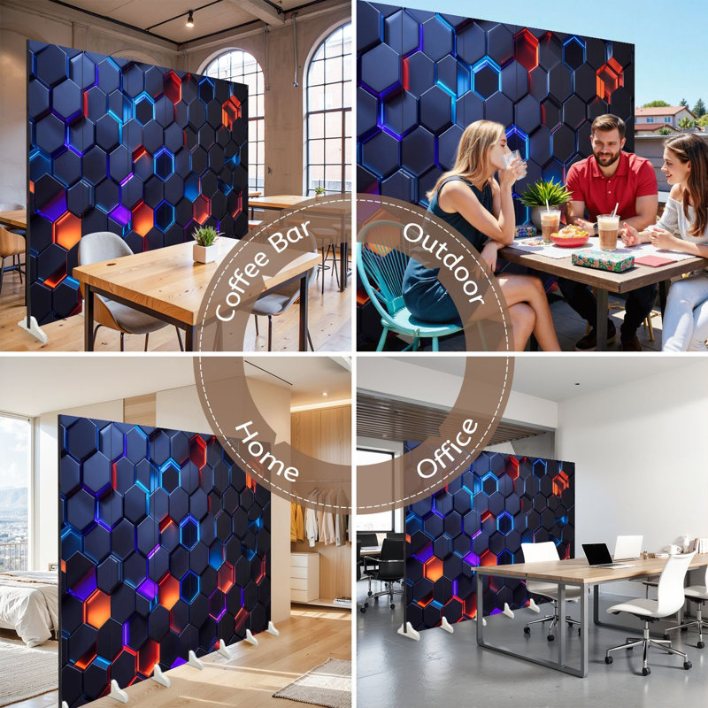 Paravent 6 panneaux à cloison pliable Royal Futuristic Hexagon Neon Glow, 6, H 71 po x l 96 po x P 1 po