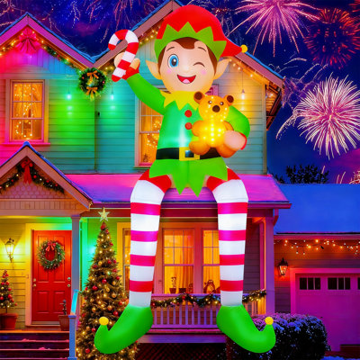 10FT Christmas Inflatable Outdoor Decoration, Giant Sitting Elf Inflatable Christmas Decorations Outdoor With Built-In Leds, Christmas Blow Up Yard Decorations For Roof Balcony Lawn