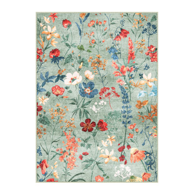 Cherry Machine Washable Floral Area Rug With Non-Slip Backing