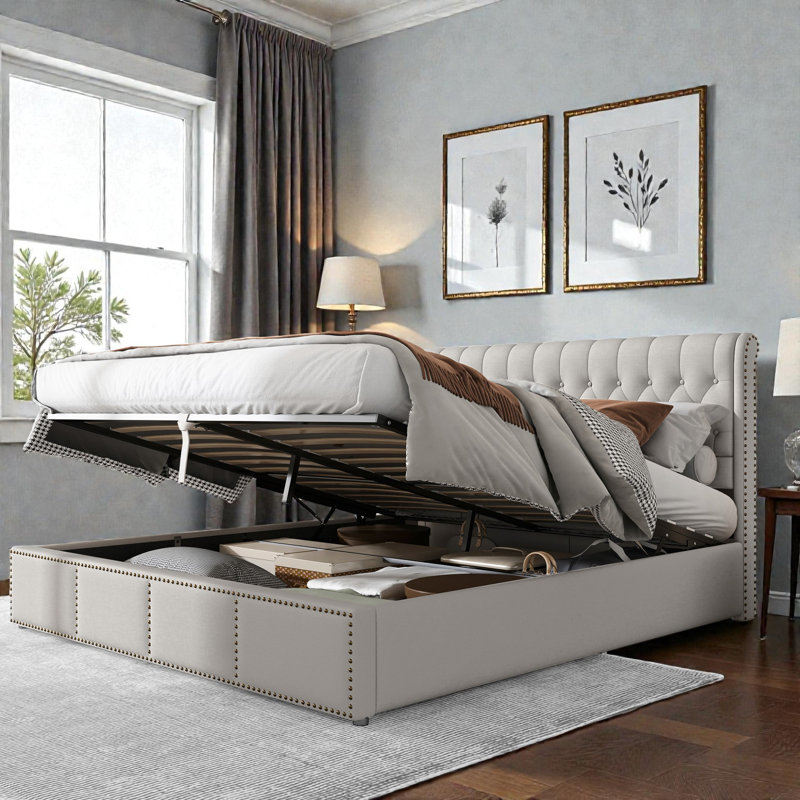 Caddo Velvet Upholstered Bed With Hydraulic Lever, Functional Storage Bed, Rivet Decoration, Super King (6'), Light Grey