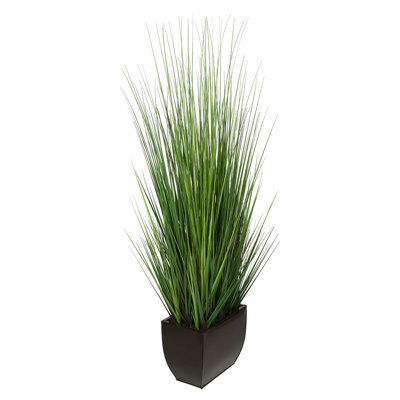 44" Faux Foliage Grass in Glossy Brown Zinc Planter