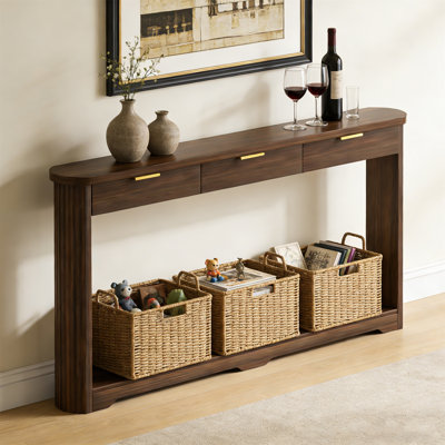 Table de rangement 70,1 po à motif ondulé avec tiroirs; une table d'appoint mince en bois qui peut être placée derrière un canapé