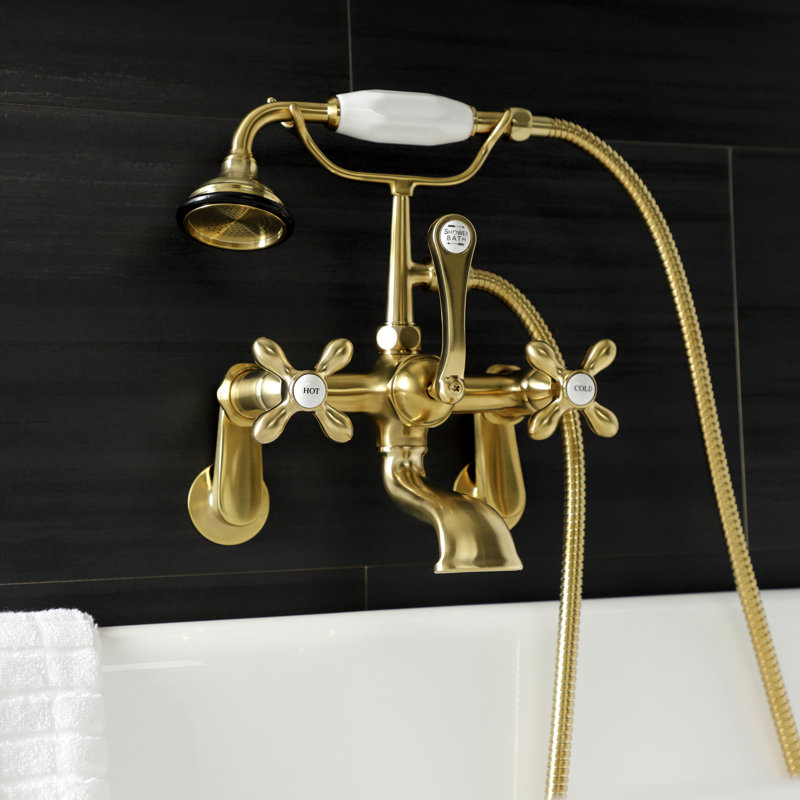 Kingston Brass Aqua Vintage Three-Handle 2-Hole Tub Wall Mount Clawfoot Tub Faucet with Hand Shower, Brushed Brass