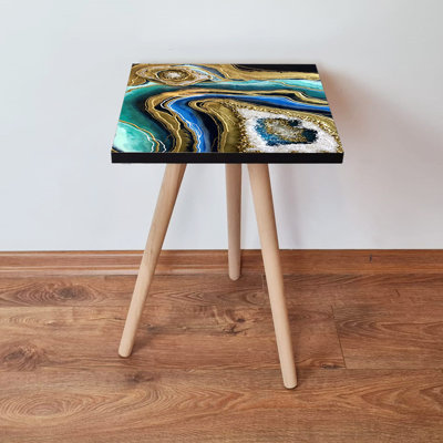 Abstract Marble Side Table, 100% MDF with Beech Wood Legs, 13.8 x 16.5 x 13.8 inches | Durable & Stylish Design | Perfect for Living Room, Bedroom, or Office | Modern Accent Furniture