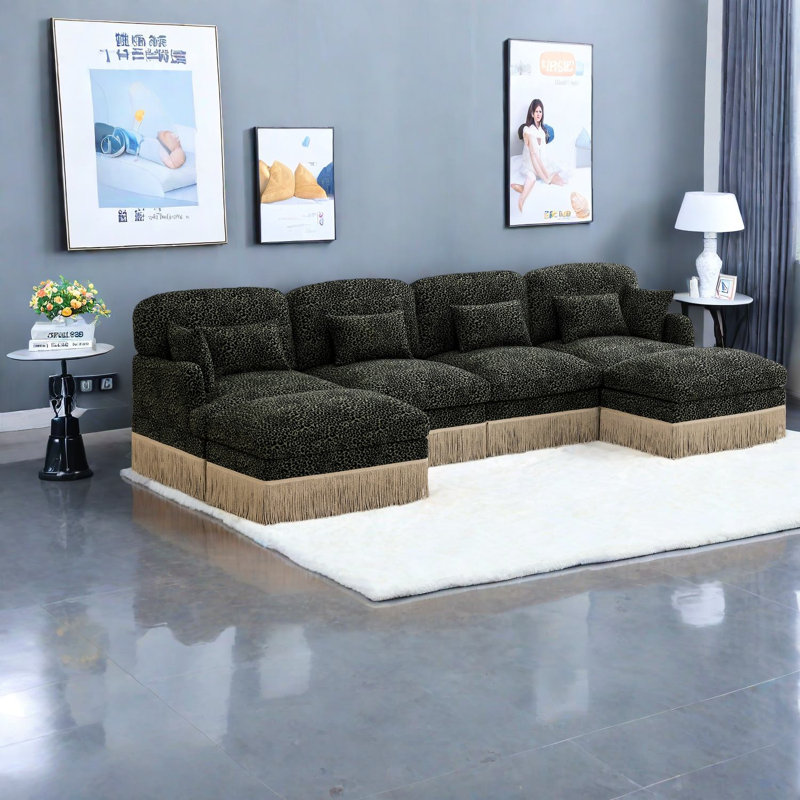 Spacieux canapés modulaires en chenille de 131,5 po de style moderne léopard