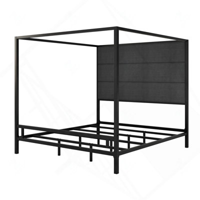 Queen Modern Gold 4-Poster Metal Canopy Bed Frame with 76.5" Tall Linen Fabric Upholstered Headboard, Gold and Gray
