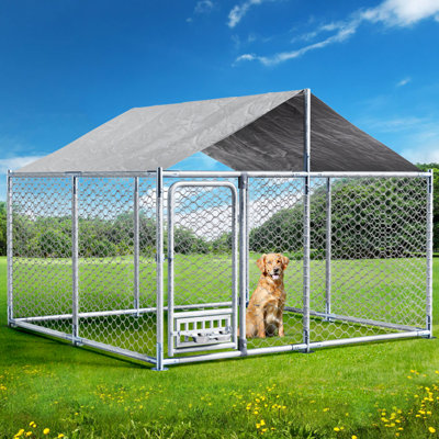 Large Dog Kennel With Rotating Feeder Bowls, Outdoor 7.5'x7.5' Heavy Duty Dog Cage Enclosures, Dog Pens Fence With Waterproof Uv-resistant Cover And Secure Lock