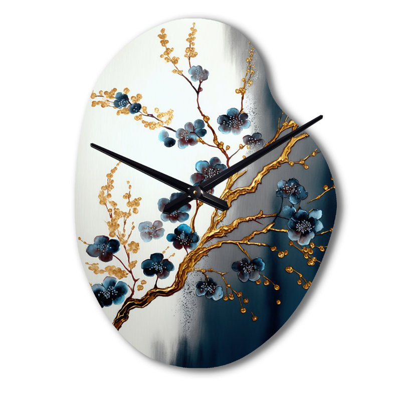 Blue Cherry Blossom Branch V - horloge murale asymétrique en métal, impression d'horloge murale bleue, Petit