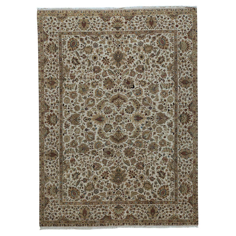 Tapis unique noué à la main beige / blanc / brun de haute qualité