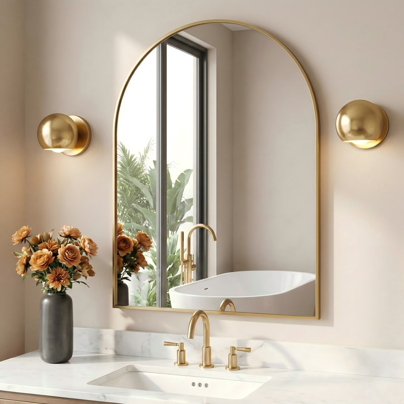 Tempered Glass and Aluminum Alloy Framed Decorative Wall Mirror, Gold, 36" x 30"