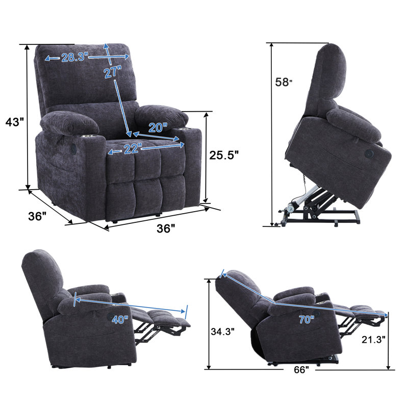 Power Lift Recliner Chair With Extended Footrest, Gray