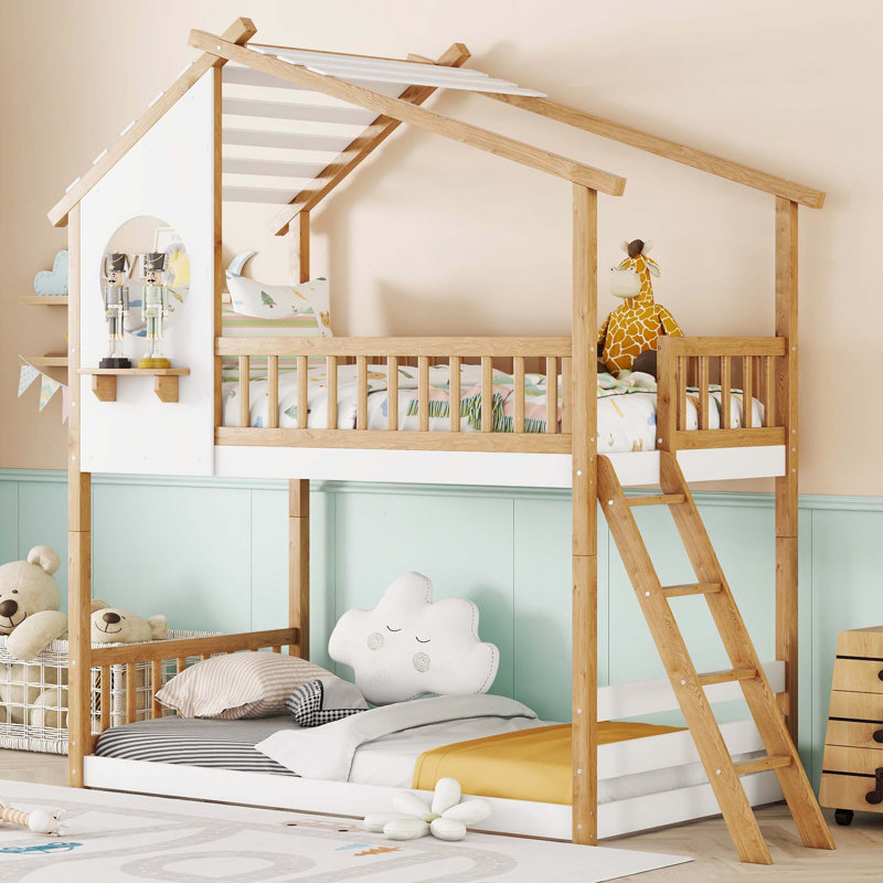Twin Over Twin Bunk Bed Wood Bed with Roof,Window,Ladder