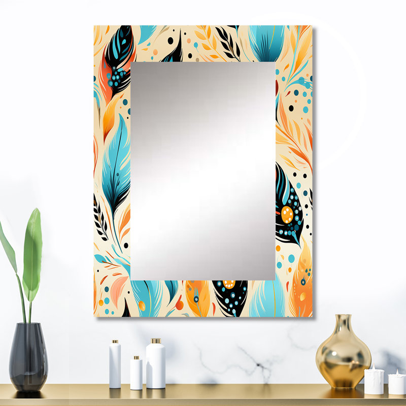 Jaune et bleu éclectique plume de Boho - miroir mural unique boho, 32 po x 24 po