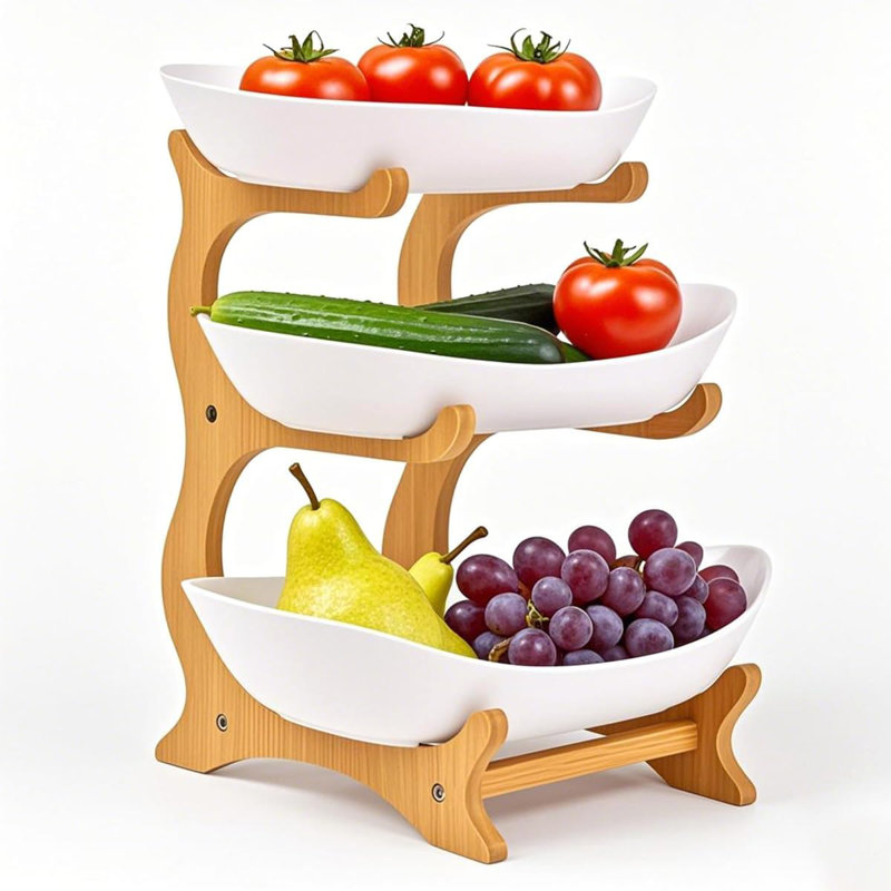 Fruit Bowl With Bamboo Wood Stand, Fruit&Vegetable Candy Dish Decor Basket For Kitchen Counter,Large Capacity Vegetable Storage Stand Snacks Rack Tray Plate Rack