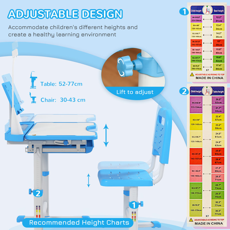 Ensemble de bureau d'écriture et de chaise pour enfants 27,5 po Stepanie, Bleu
