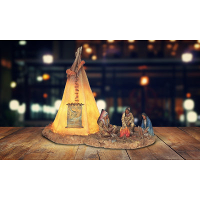 Figone 8"W Native Americans with LED Lighting Indian Teepee Tipi Figurine Unique Gifts