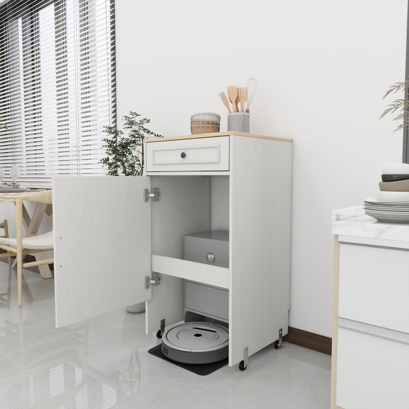 Armoire sur pied avec roulettes, support de robot de balayage avec portes et tiroirs, table d'appoint