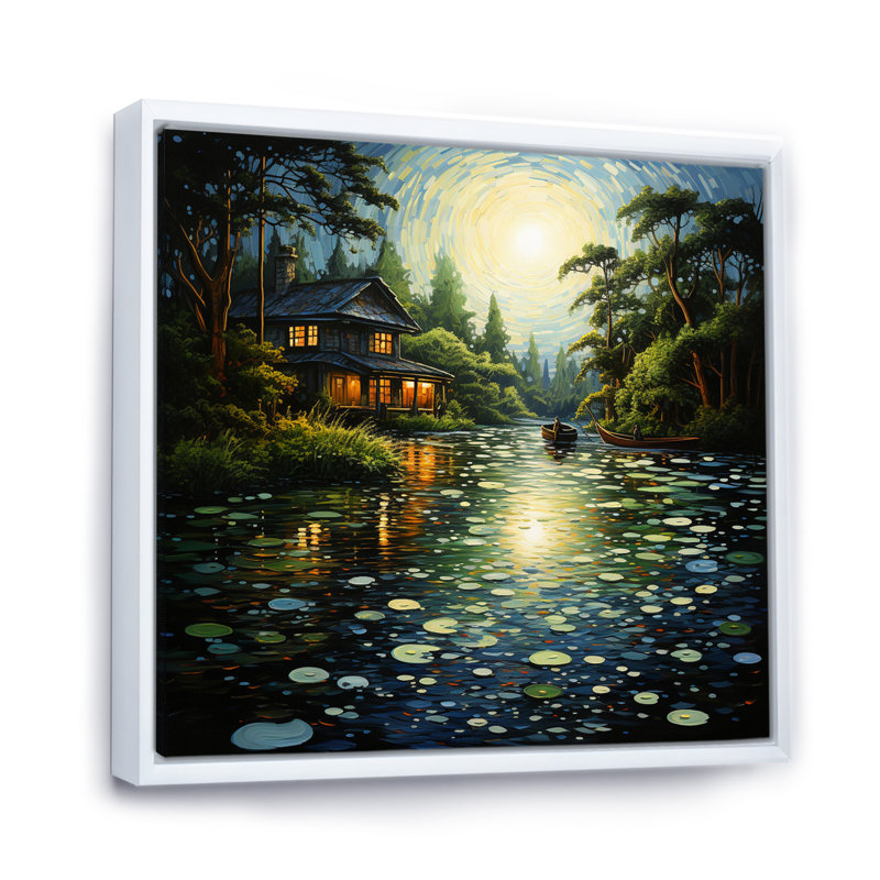 Lakeill Whispering Waters Pointillism I - impression, H 16 po x l 16 po x P 1 po, Cadre flottant blanc