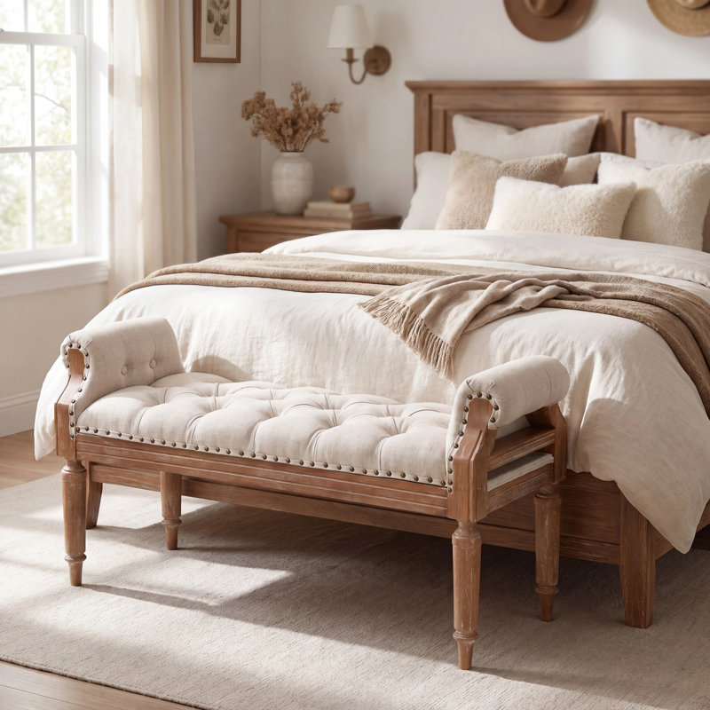 Banc Mid-Century en bois massif touffeté avec accoudoirs roulés et garniture cloutée, Beige, Teak Finish