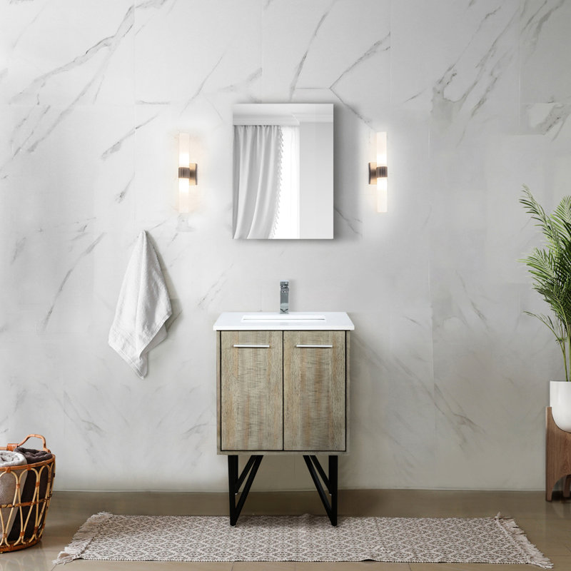 Rustique 24 po Meuble-lavabo pour salle de bain avec comptoir en quartz blanc, robinet et miroir mural 18 po