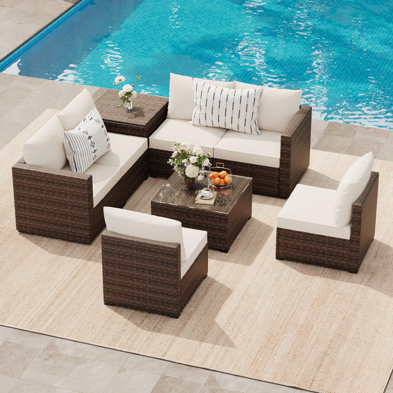 Ensemble de meubles de patio 8 pièces, canapé modulaire, table basse trempée, boîte de rangement