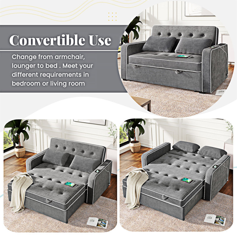 Upholstered Pull Out Sofa Bed With Throw Pillows, USB Charging Port And Adjustable Backrest, Charcoal Gray