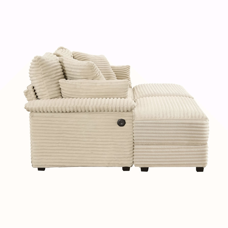 Ensemble de chaise longue double avec repose-pieds réversible - Velours côtelé doux, rangement, port USB, siège / table multifonctionnel pour le salon