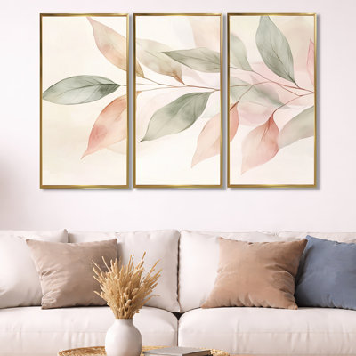 Blush, feuilles botaniques au printemps V - décoration murale abstraite encadrée à 3 panneaux