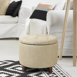 Adeco Round Storage Ottoman Button Tufted Footrest Stool Bench - Beige- Linen