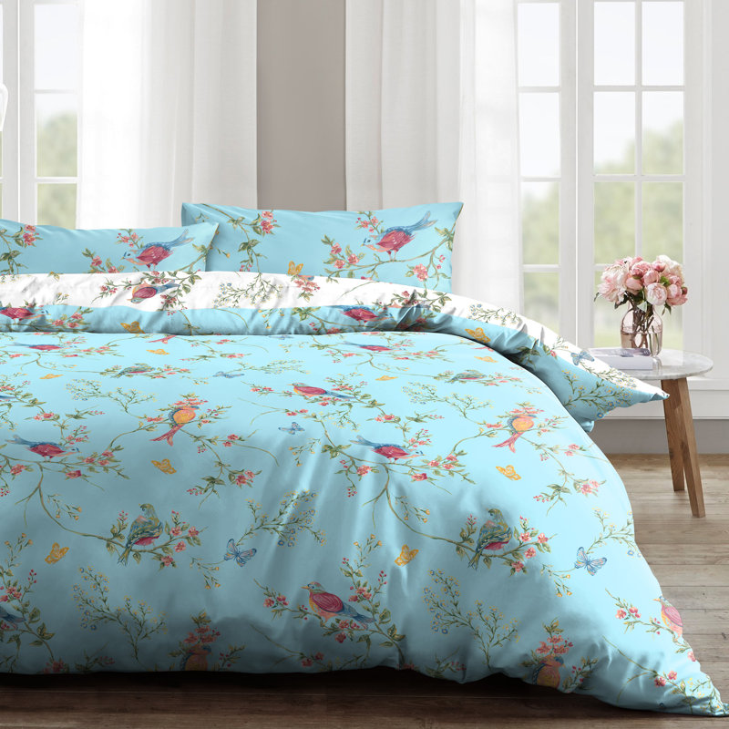 Rasheema Duvet Set, Super King - 3 Standard Pillowcases, Duck Egg/White, Delicate Birds Floral