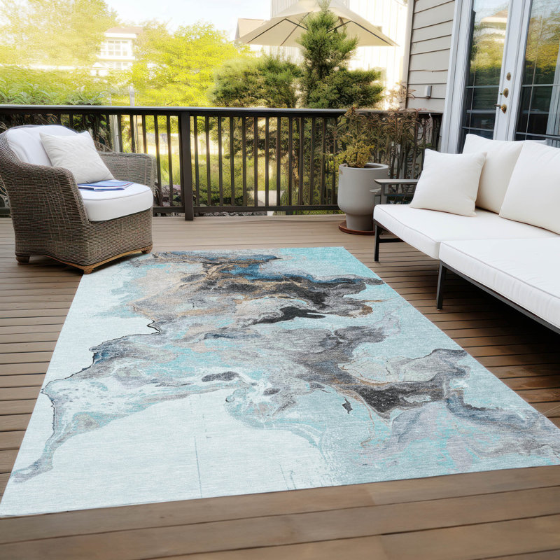 Machine Washable Indoor/Outdoor Cinead ACN1688 Teal Rug, Rectangle 10' x 14'