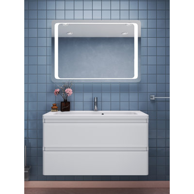 Ensemble de meuble-lavabo mural simple 39,1 po avec plateau en céramique et miroir Jaiel