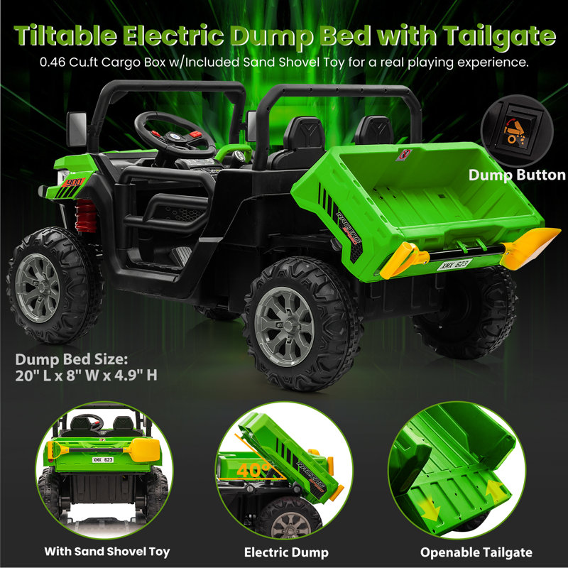 24V Green 2-Seater Kids Ride-On Dump Truck with Remote Control