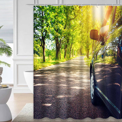 Summer Car Road Family Green Nature Trip Shower Curtain with 12 Hooks