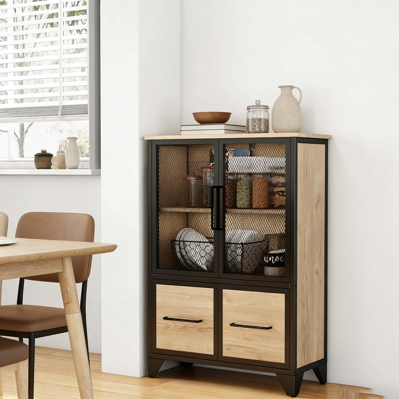 Armoire de rangement noire et naturelle avec 4 portes en filet de fer, des tablettes réglables et une structure en métal robuste, buffet autoportant pour le salon, la cuisine