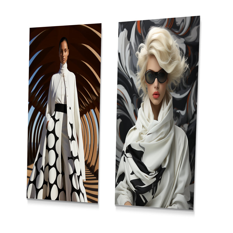 Noir et blanc, mode féminine, élégance dévoilée II - ensemble de 2 reproductions d'art en métal, H 32 po x l 32 po