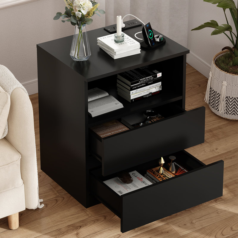 Ensemble de table de chevet avec 2 tiroirs et prises intégrées, Noir