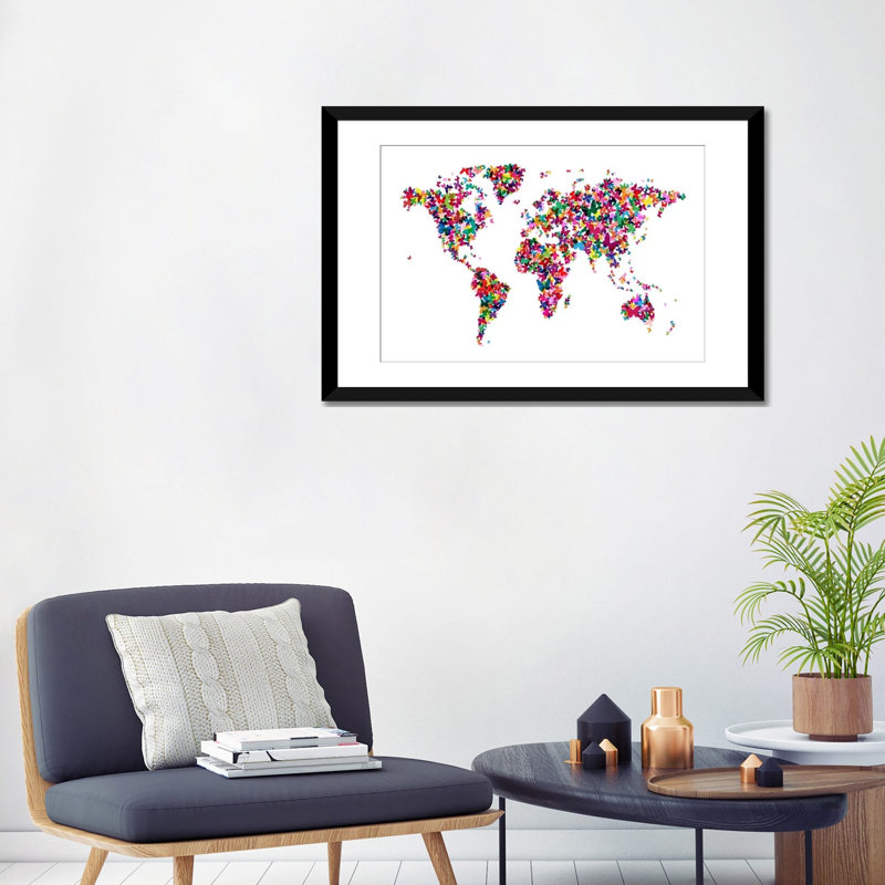 « papillons world map », impression sur toile, H 16 po x l 24 po x P 1 po, Papier avec cadre noir, Blanc