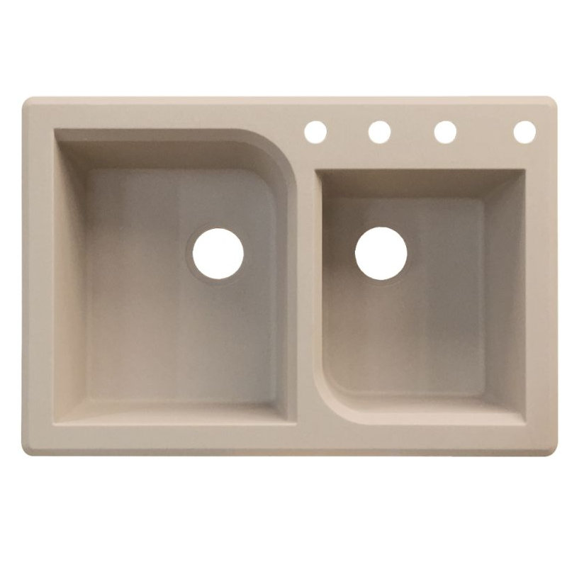 Radius 33.0625'' L Double Bowl Granite Kitchen Sink, 4 hole, Cafe Latte