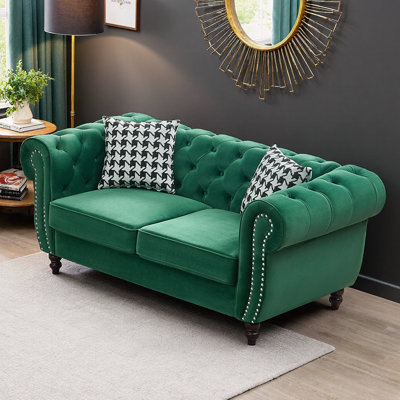 Canapé luxueux en velours Chesterfield de 67 po, 2 places compactes avec accoudoirs roulés et garniture cloutée, support à ressorts et en mousse, capacité de 450 lb, canapé d'appartement