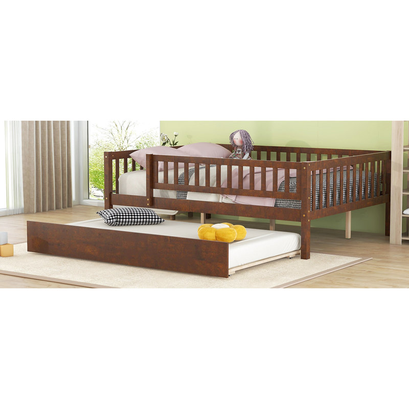 Elegant Full Size Wood Daybed With Trundle And Fence Guardrails, Walnut Robust Guardrails In Tone, Walnut, Full